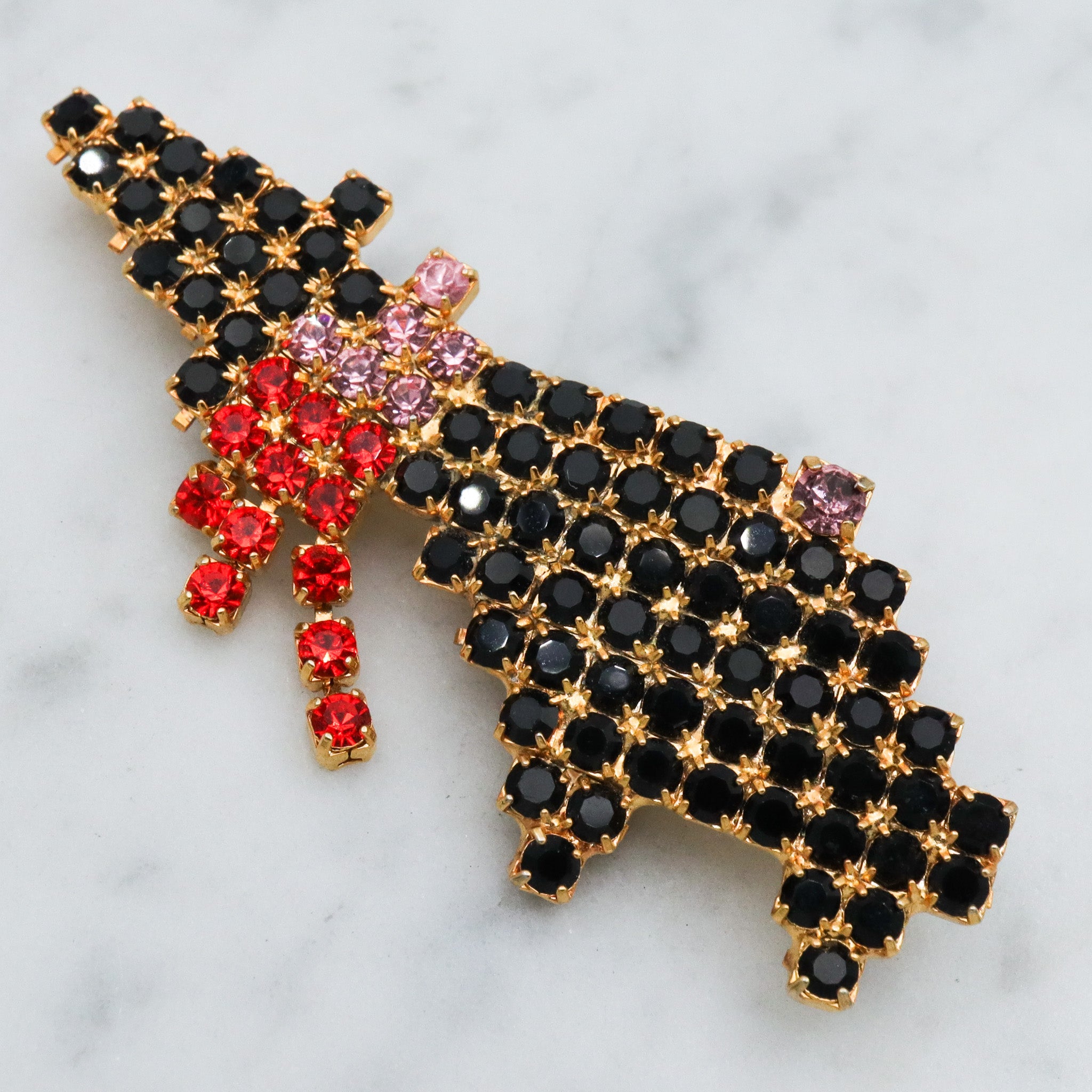 Vintage gold tone rhinestone witch brooch